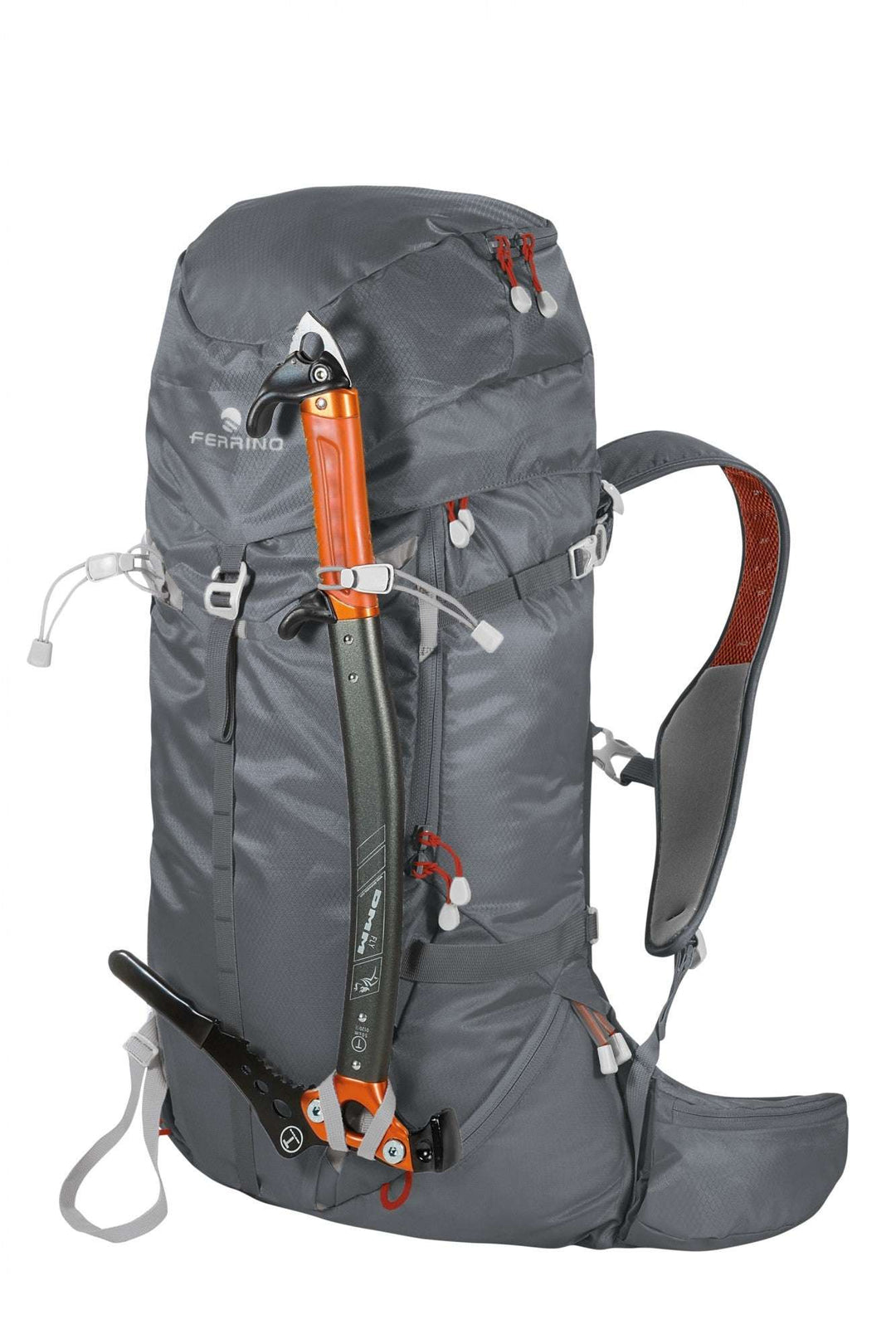 Zaino Rutor 30 for alpine skiing and mountaineering, gray with ergonomic straps and ice axe holder.
