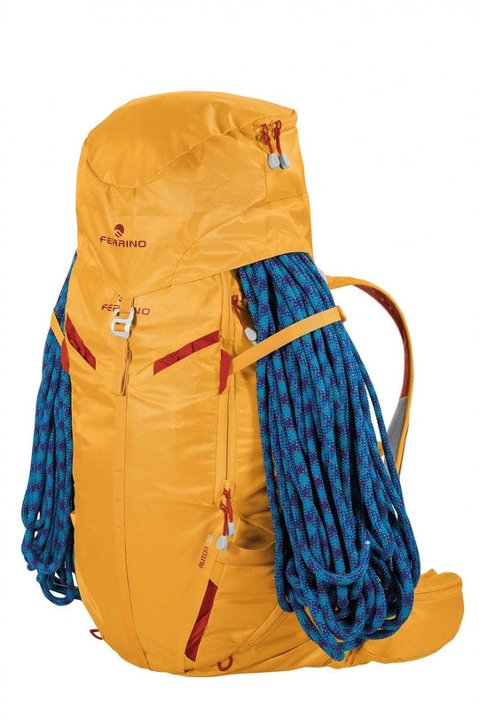 Zaino Rutor 30 for alpine skiing and mountaineering, yellow with blue rope attachment.