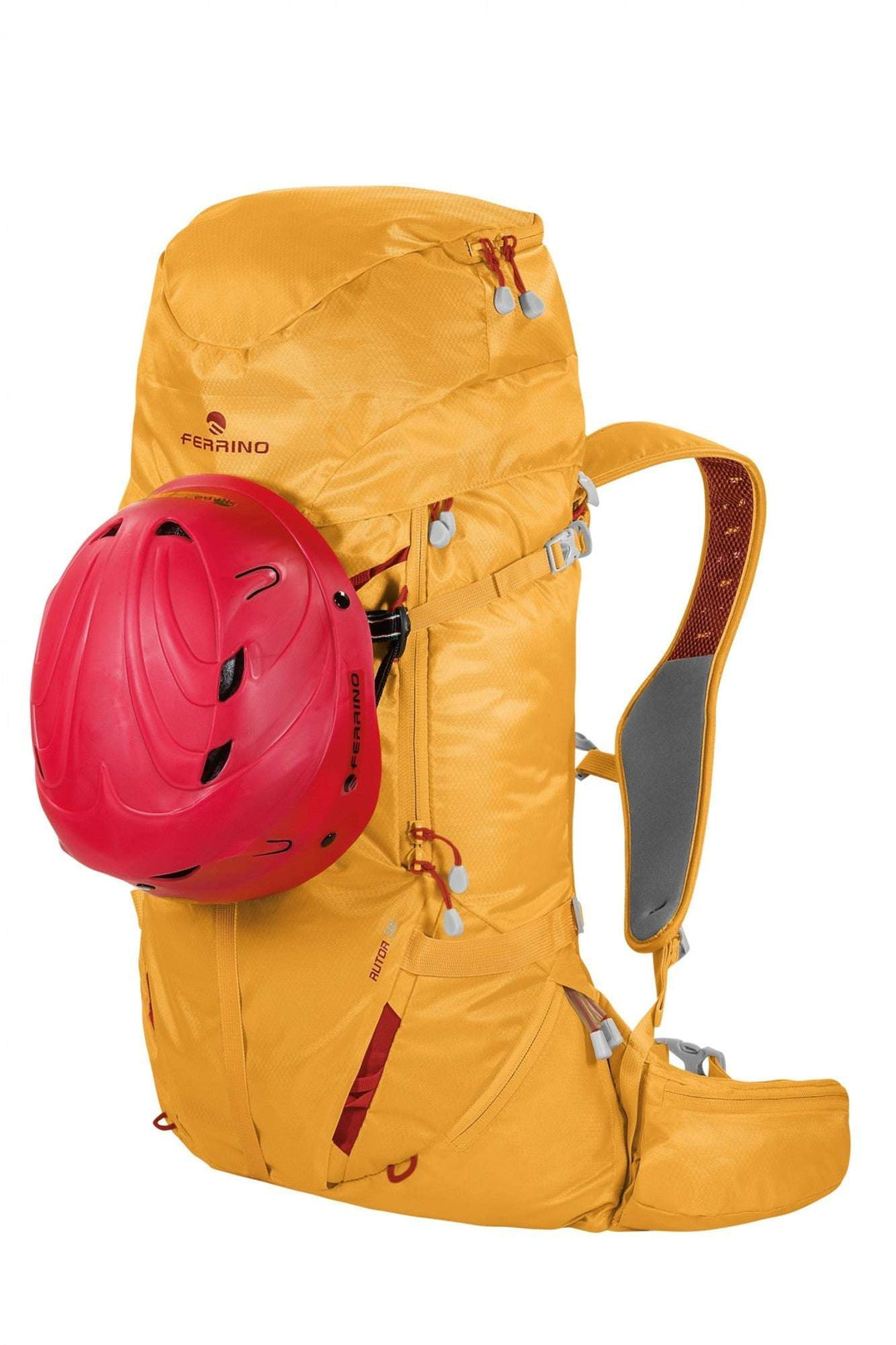 Zaino Rutor 30 per alpinismo e sci alpinismo, giallo con casco rosso.