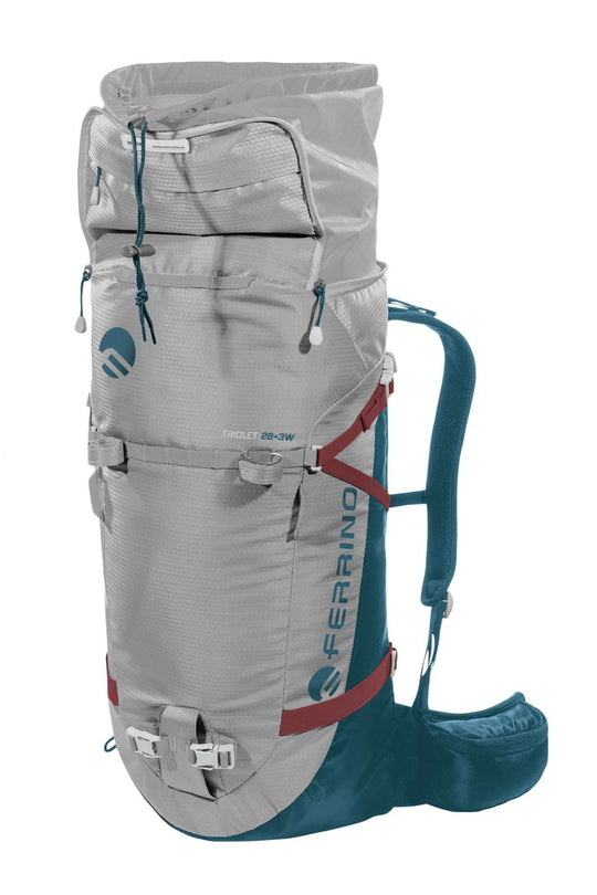 Zaino Triolet 28+3 Lady alpinismo leggero e ergonomico per donna, grigio e blu, accesso superiore innovativo.