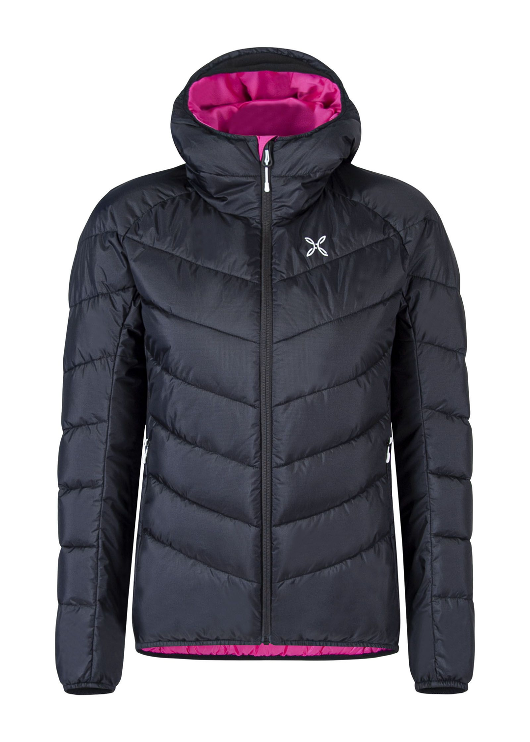 Giacca imbottita donna in nylon 2 strati con cappuccio elastico e imbottitura in poliestere riciclato.