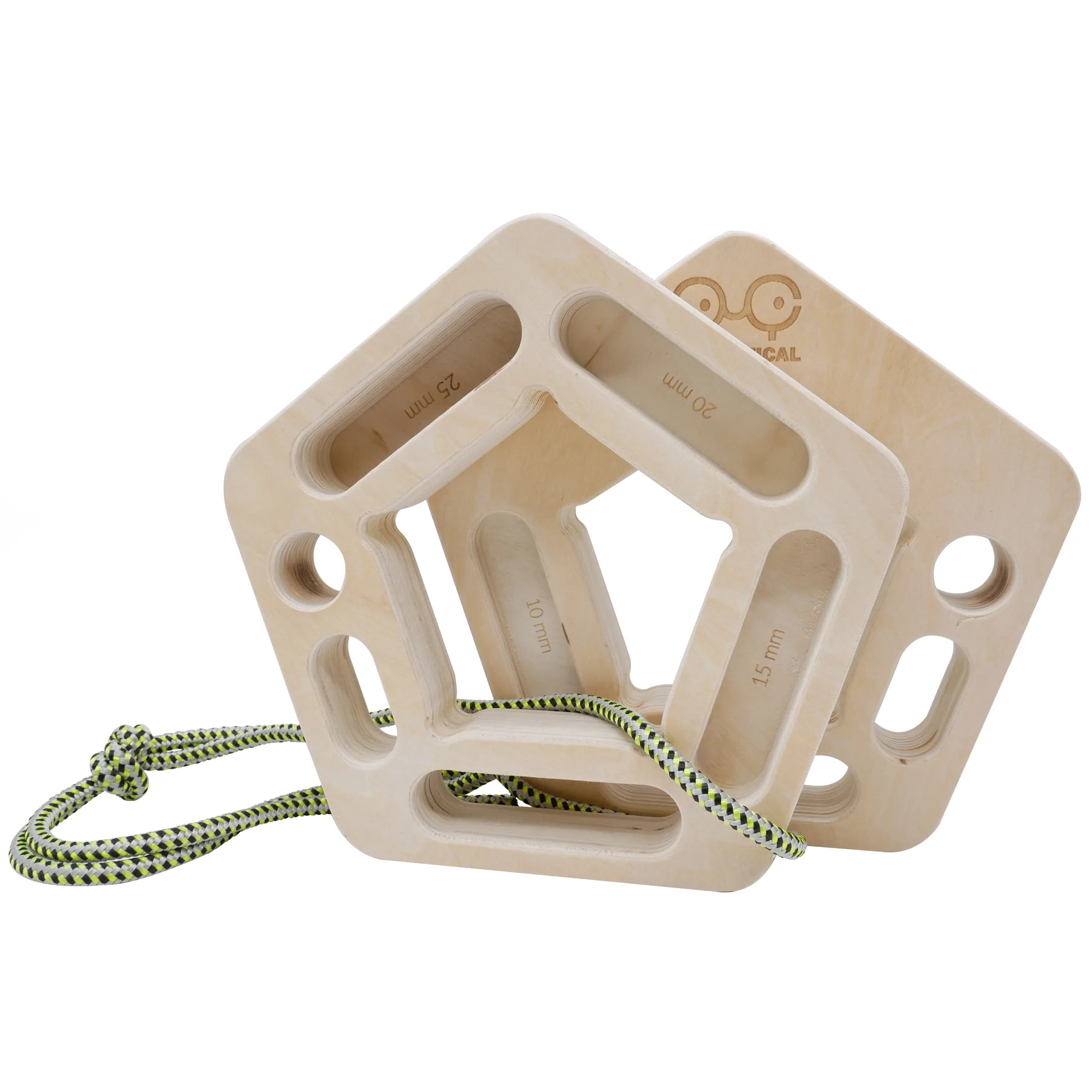 Hexagonal wooden grip training board with rope, branded 'Penta'.