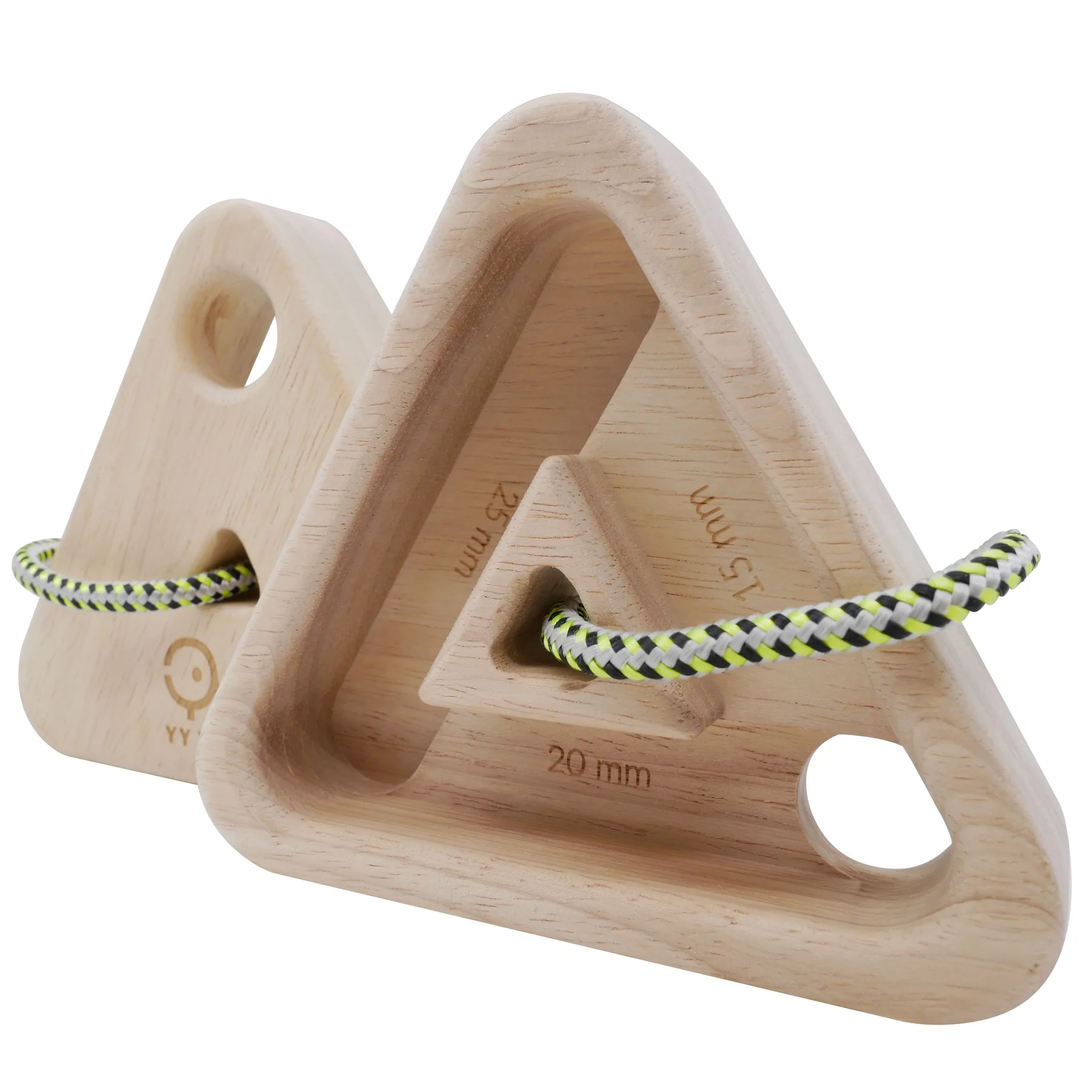 Wooden triangle puzzle with rope threading.