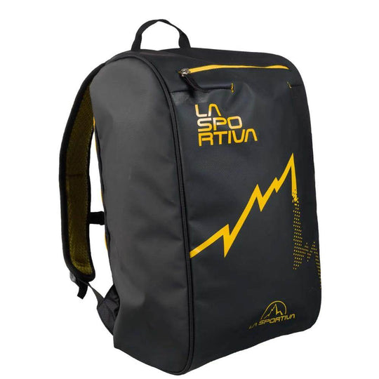 Climbing bag in black nylon and PVC with yellow design, featuring wide zip access and internal pocket.