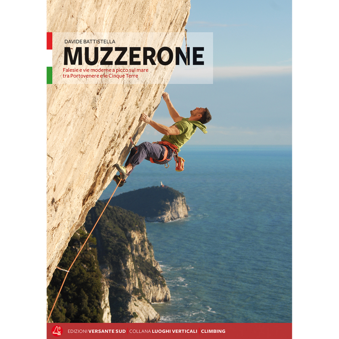 Man rock climbing on steep cliff above the sea at Muzzerone (Ita) with coastal landscape in the background